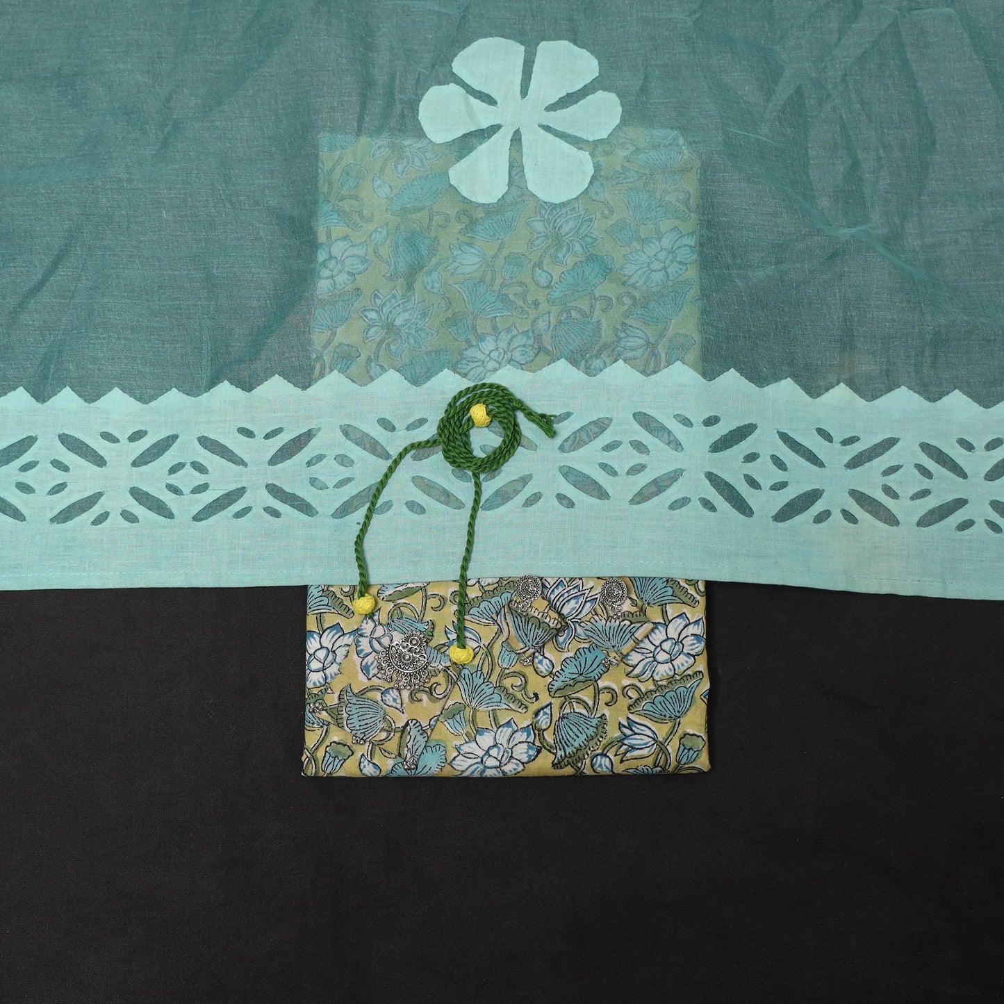 Green - 2pc cotton unstitched sanganeri dress material