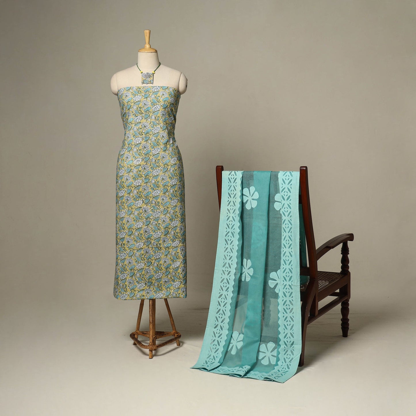 Green - 2pc cotton unstitched sanganeri dress material