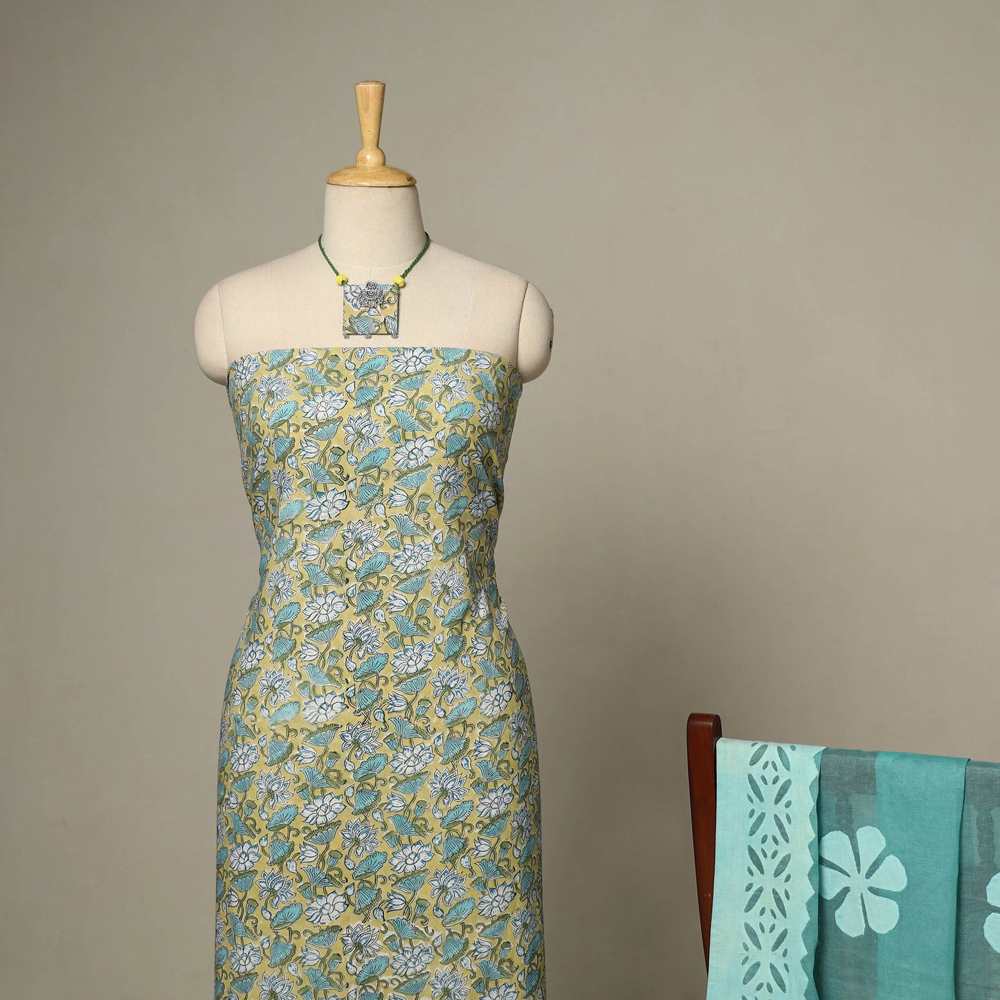 Green - 2pc cotton unstitched sanganeri dress material