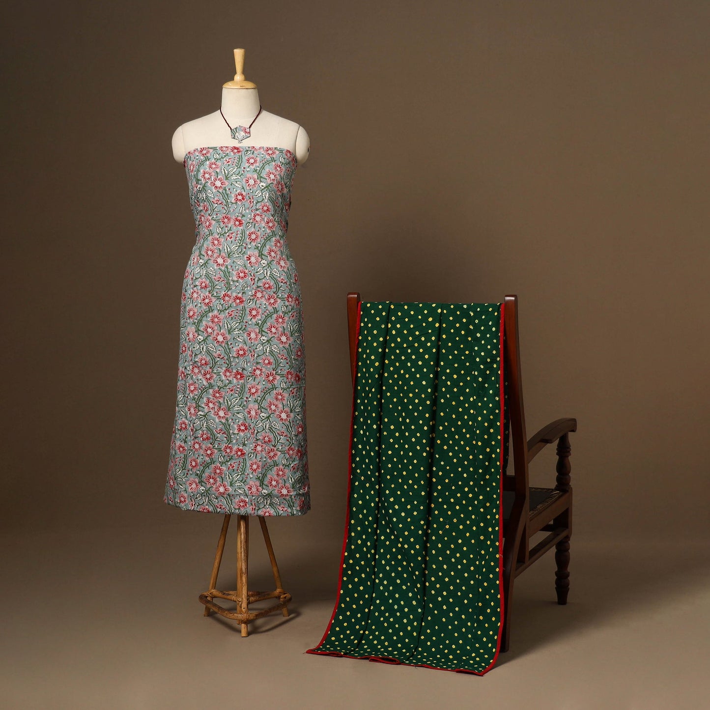 Green - 2pc cotton unstitched sanganeri dress material