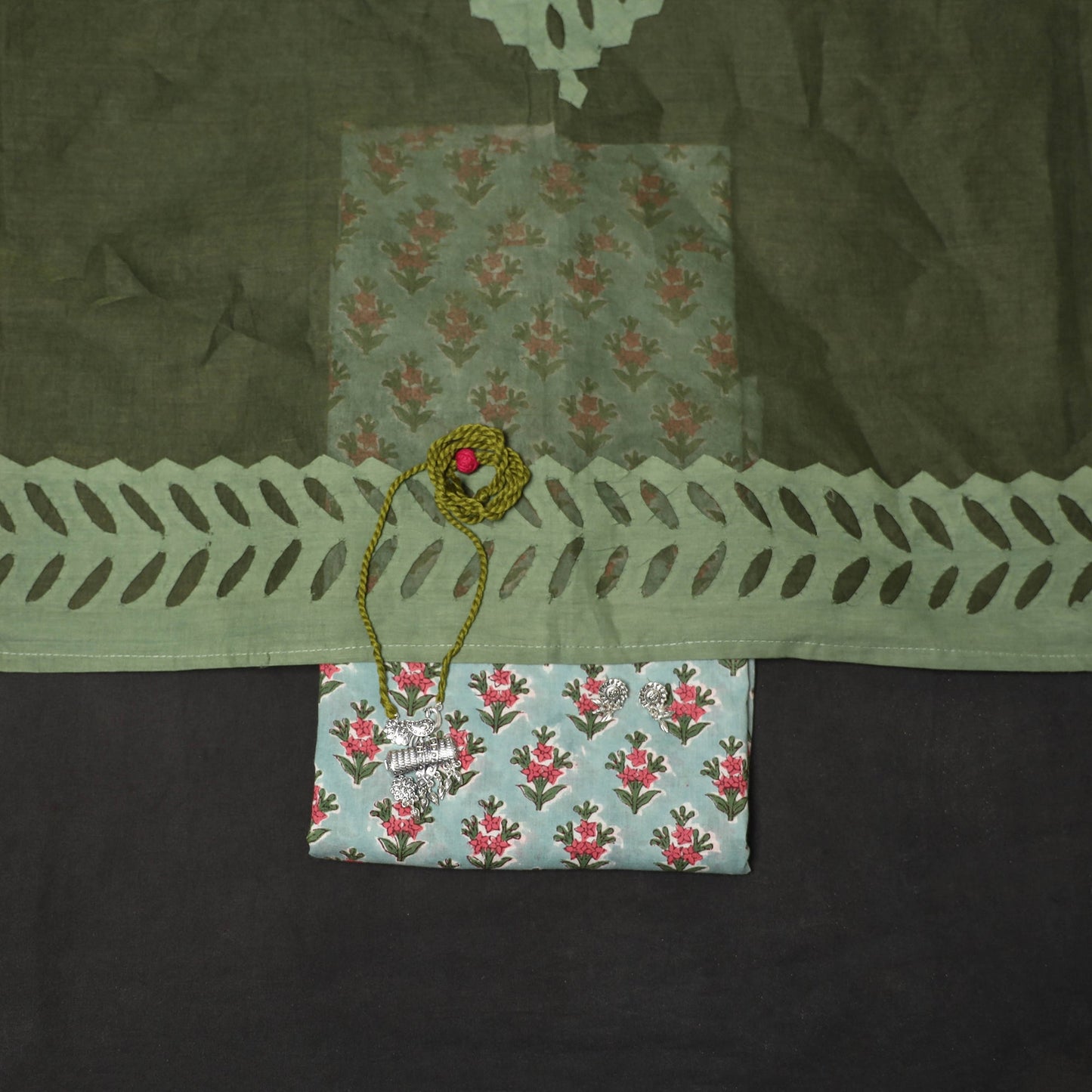 Green - 2pc cotton unstitched sanganeri dress material