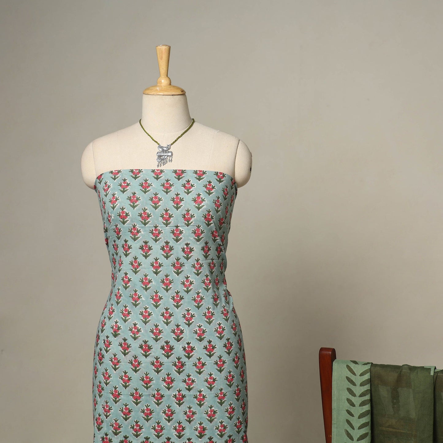 Green - 2pc cotton unstitched sanganeri dress material