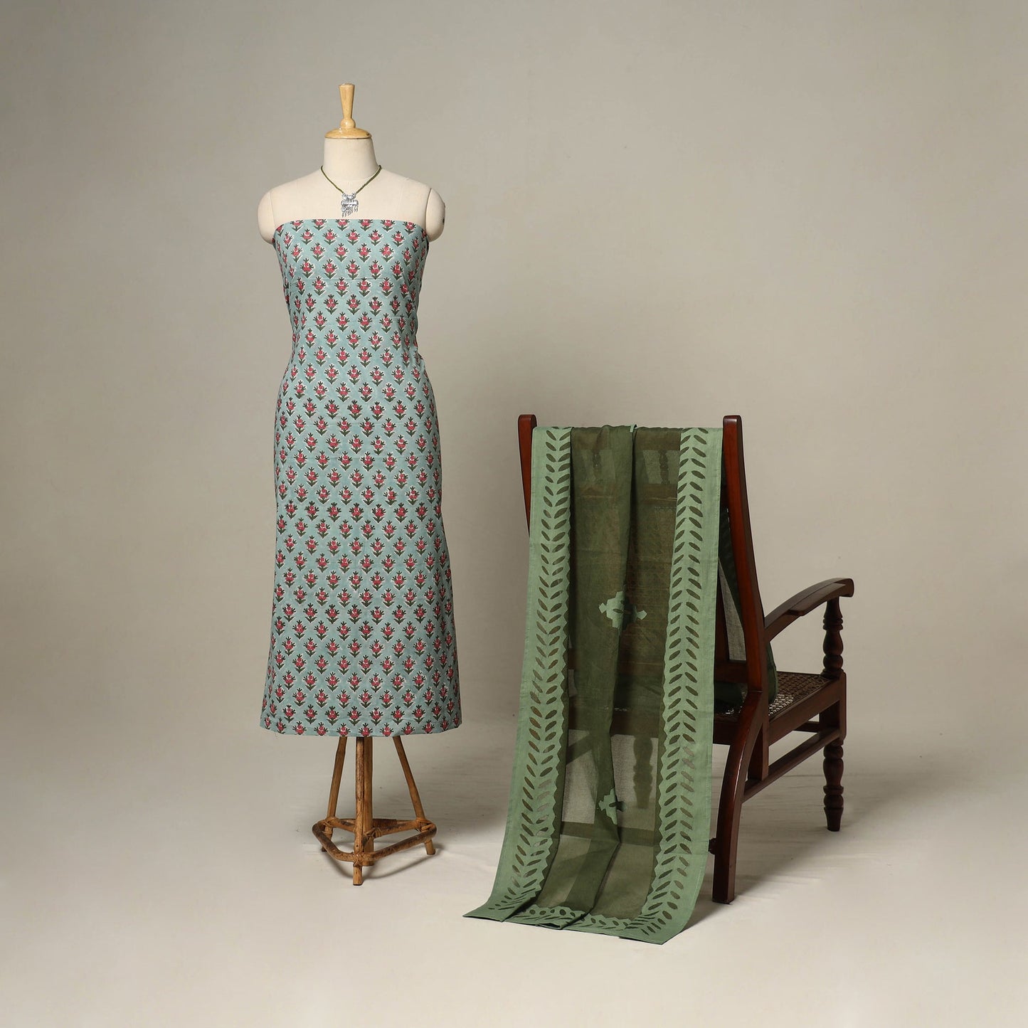 Green - 2pc cotton unstitched sanganeri dress material