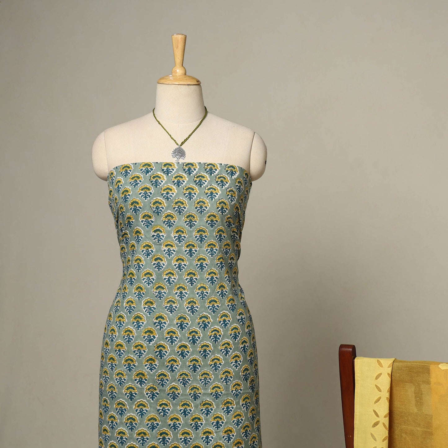 Green - 2pc cotton unstitched sanganeri dress material