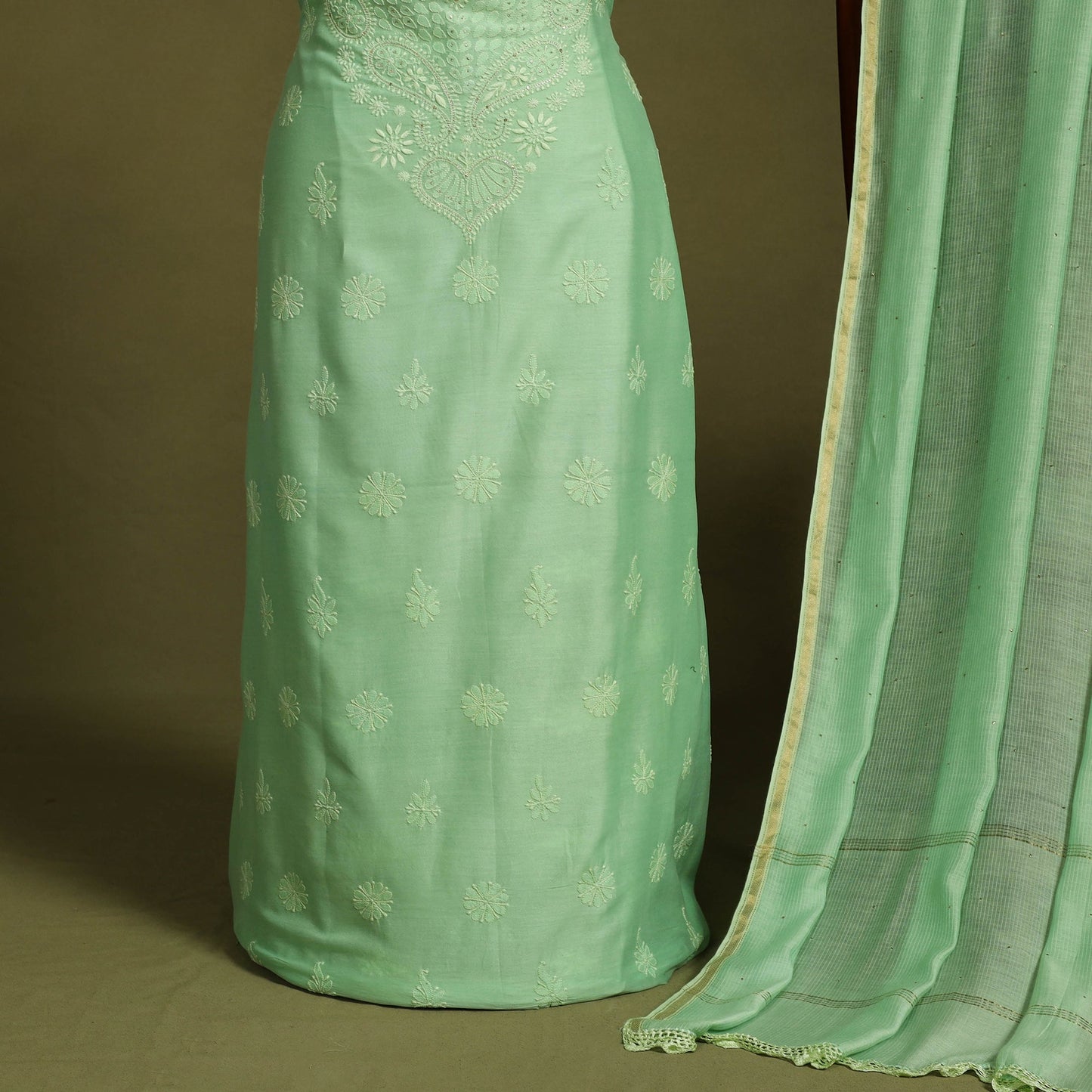 2pc Green Hand Embroidery Chanderi Silk Chikankari Dress Material