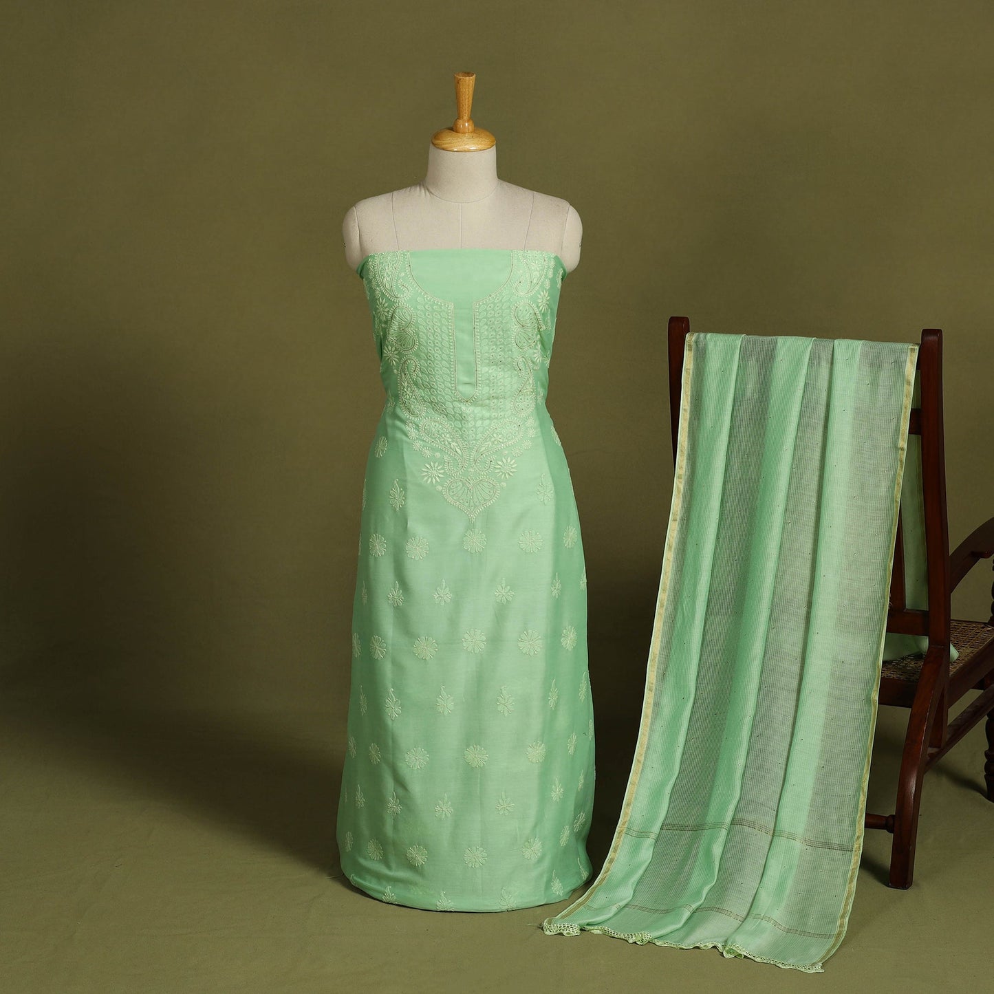 2pc Green Hand Embroidery Chanderi Silk Chikankari Dress Material