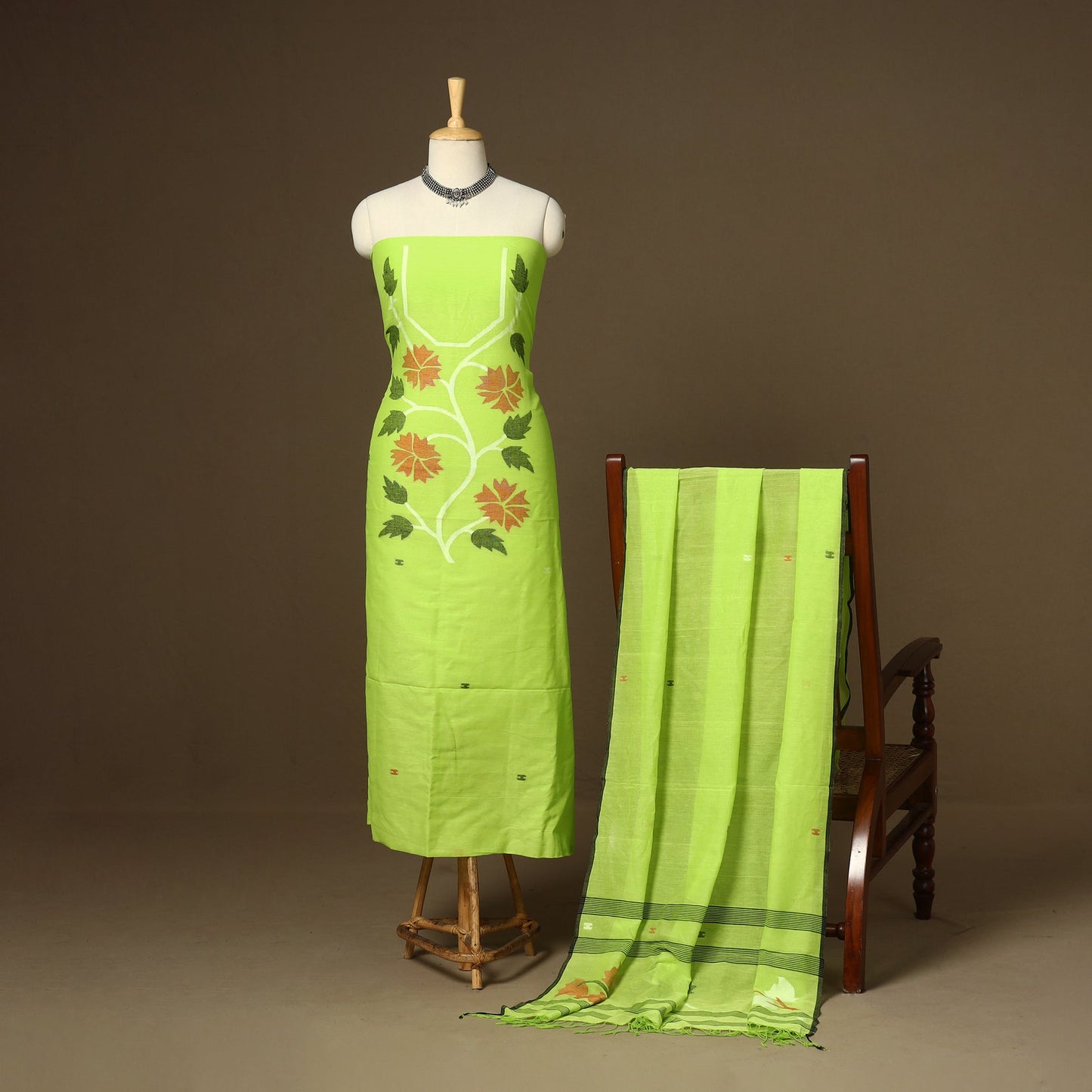 Green - 2pc handloom cotton unstitched phulia jamdani dress