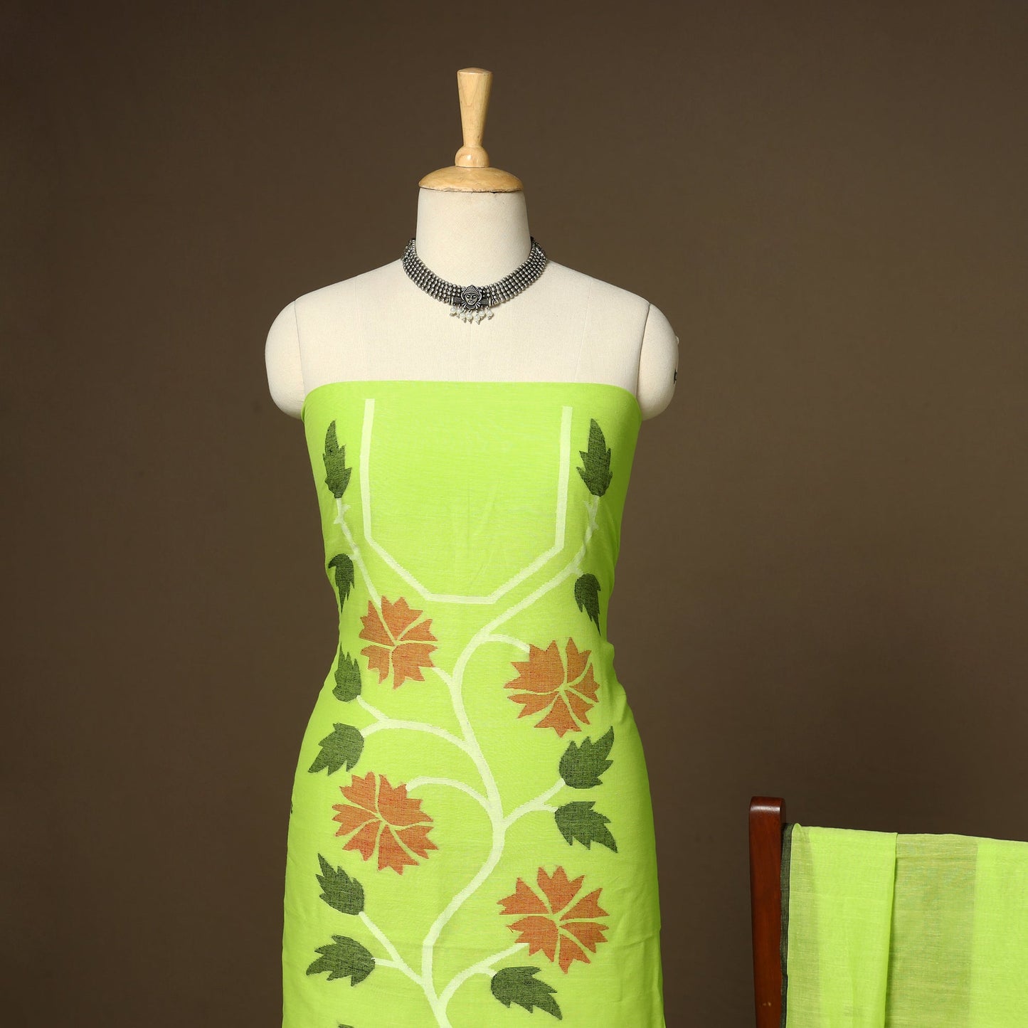Green - 2pc handloom cotton unstitched phulia jamdani dress