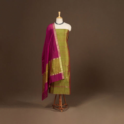 Green - 2pc handloom zari buta unstitched chanderi silk