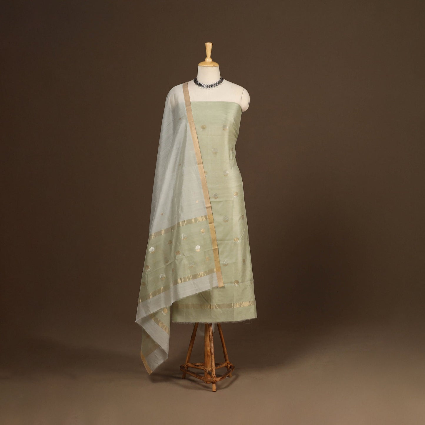 Green - 2pc handloom zari buta unstitched chanderi silk