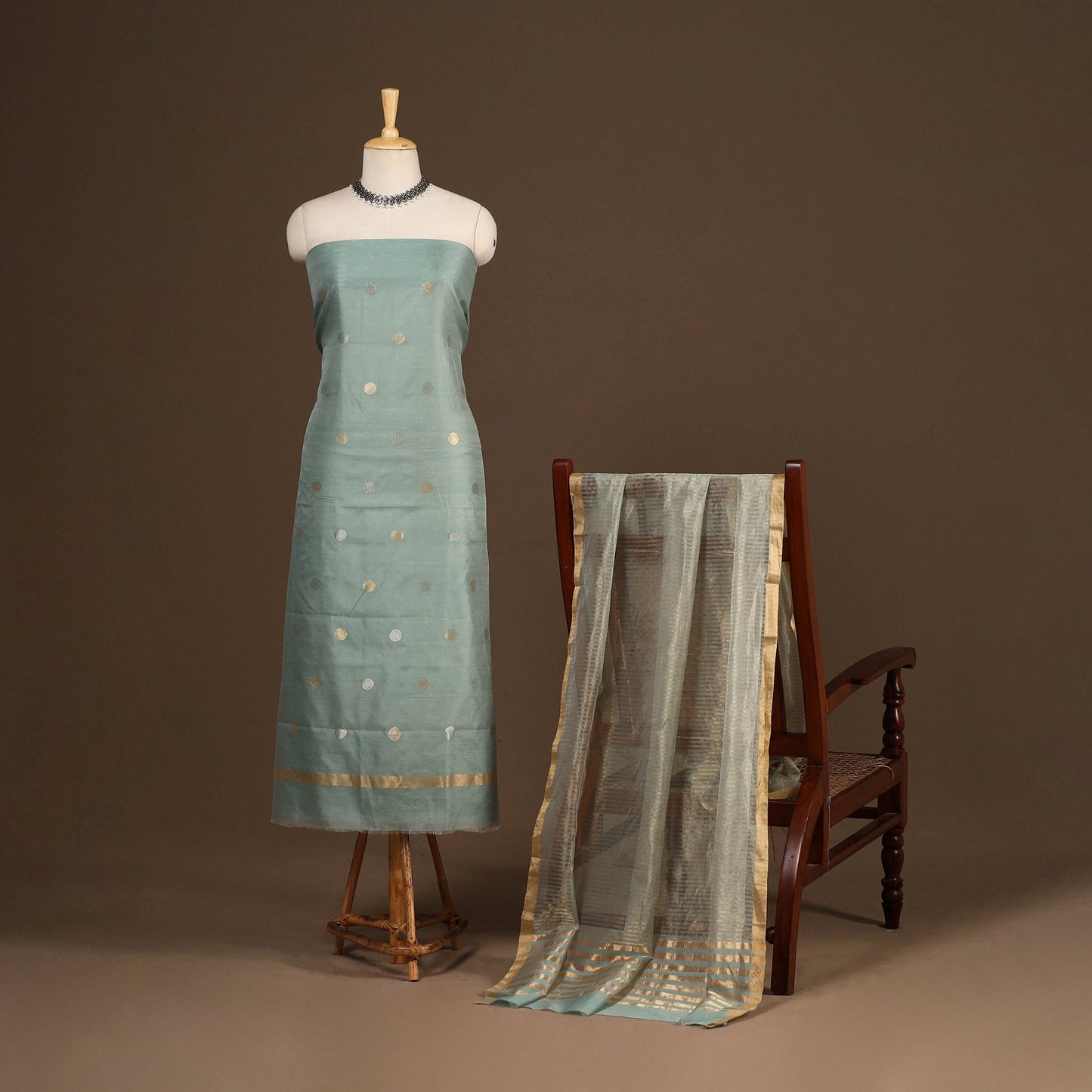 Green - 2pc handloom zari buta unstitched chanderi silk