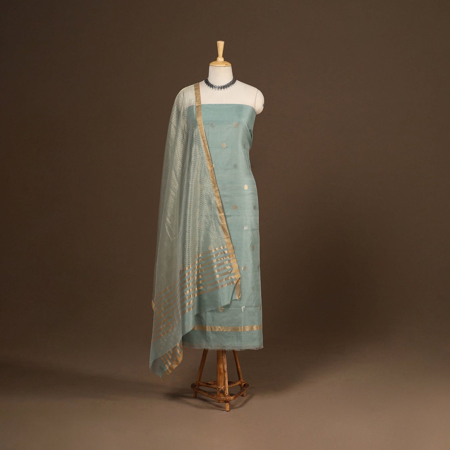 Green - 2pc handloom zari buta unstitched chanderi silk