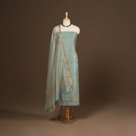 Green - 2pc handloom zari buta unstitched chanderi silk