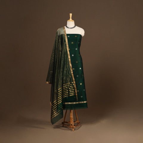 Green - 2pc handloom zari buta unstitched chanderi silk