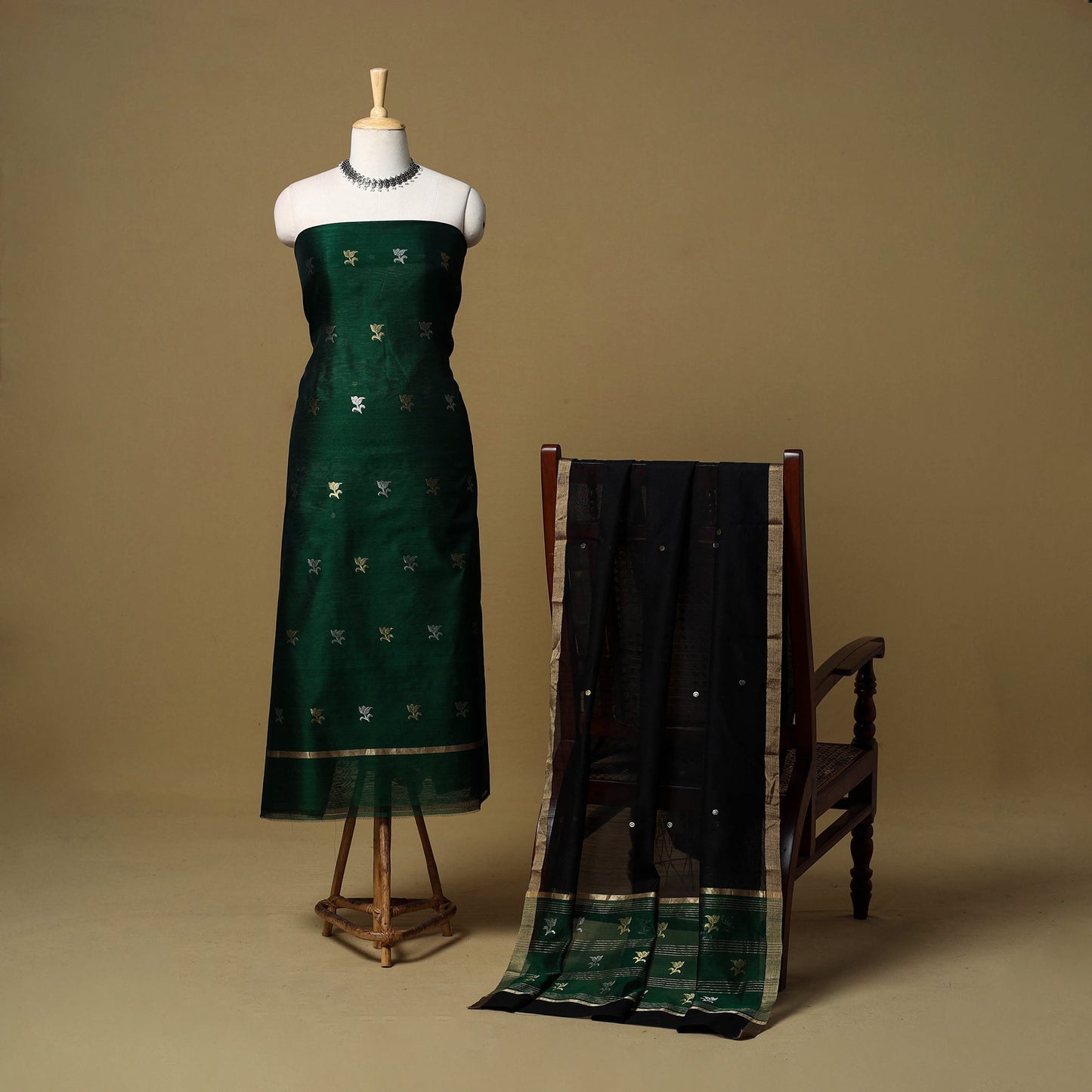 2pc handloom zari buta unstitched chanderi silk dress