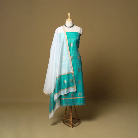 Green - 2pc handloom zari buti unstitched chanderi silk