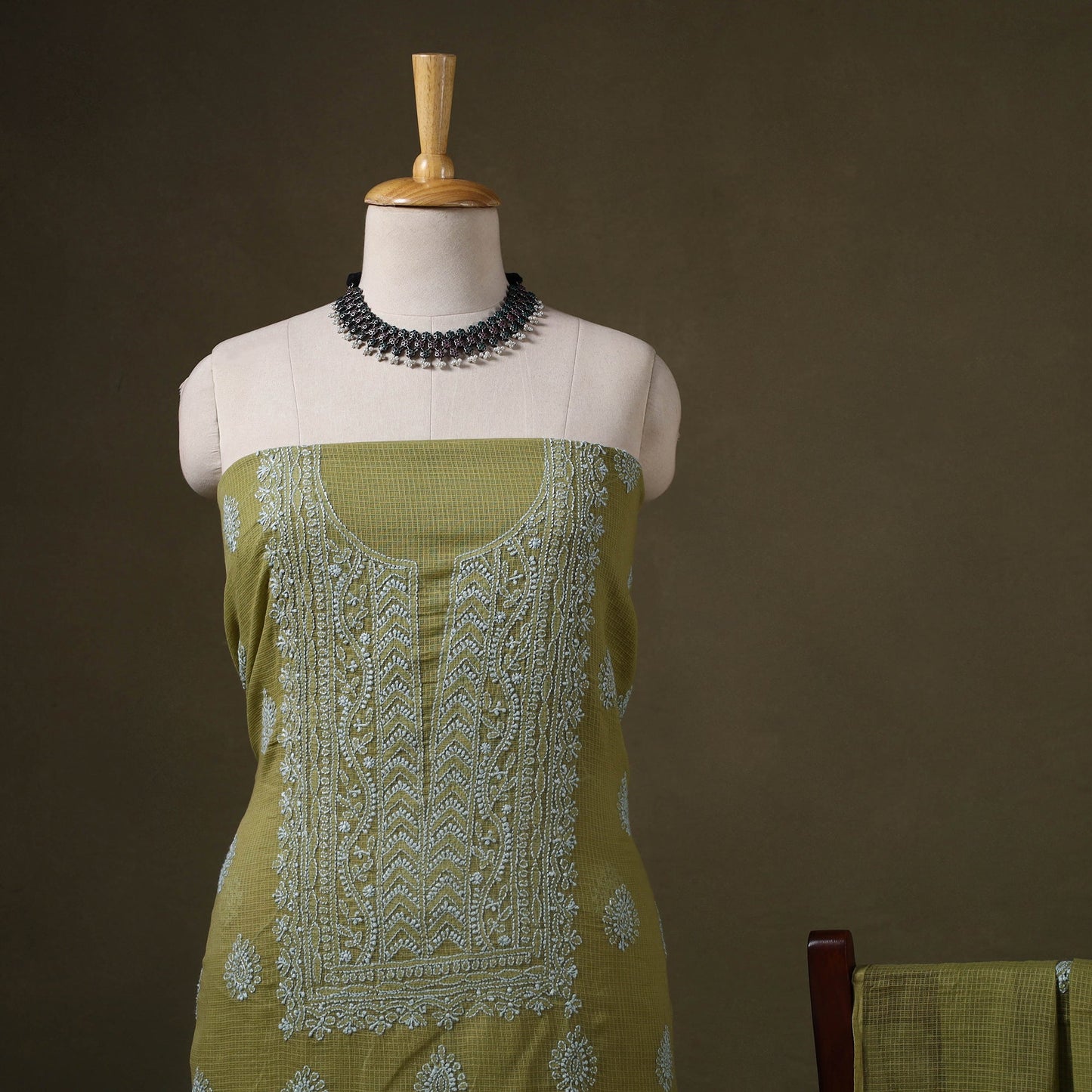 Green 2pc Kota Doria Cotton Lucknow Chikankari Dress Material 