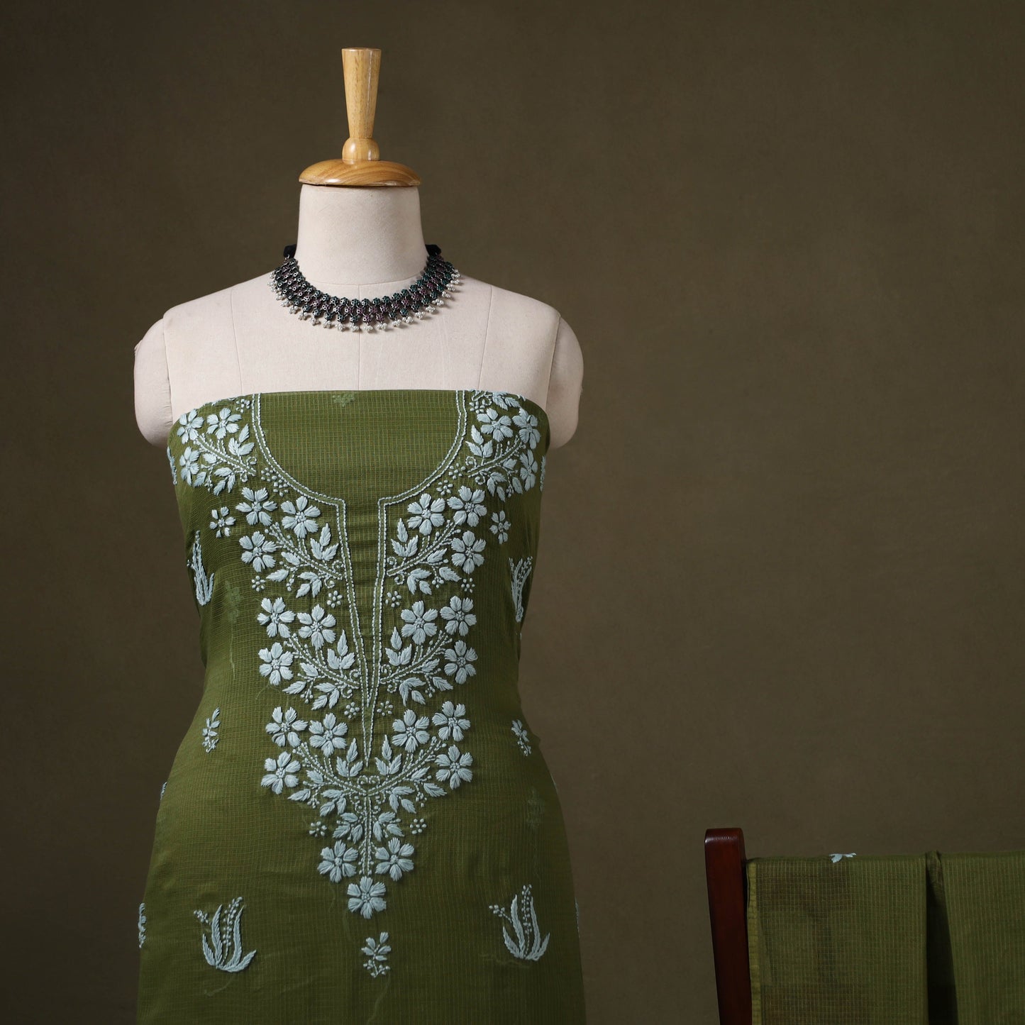 Green - 2pc kota doria cotton lucknow chikankari unstitched