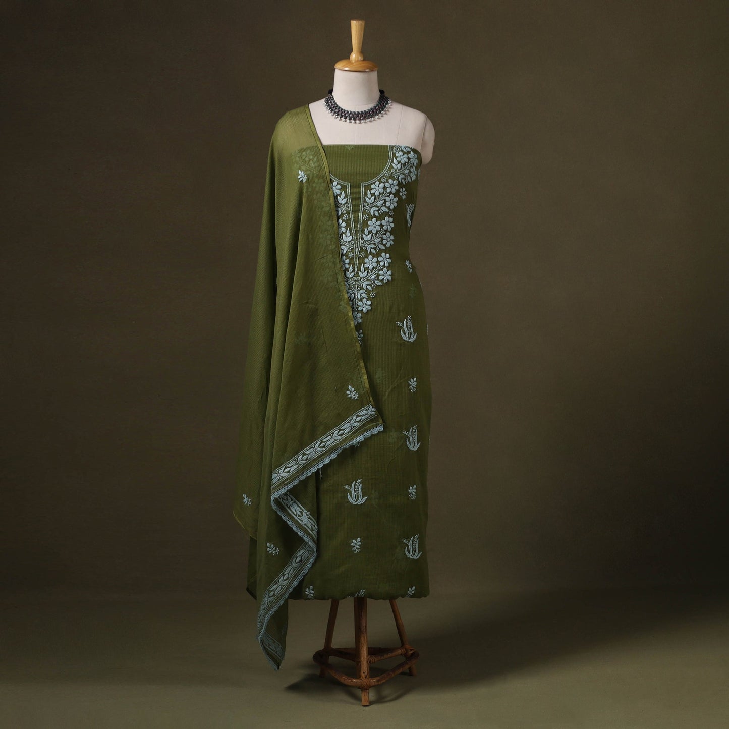 Green - 2pc kota doria cotton lucknow chikankari unstitched