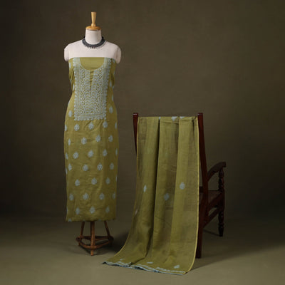 Green 2pc Kota Doria Cotton Lucknow Chikankari Dress Material 