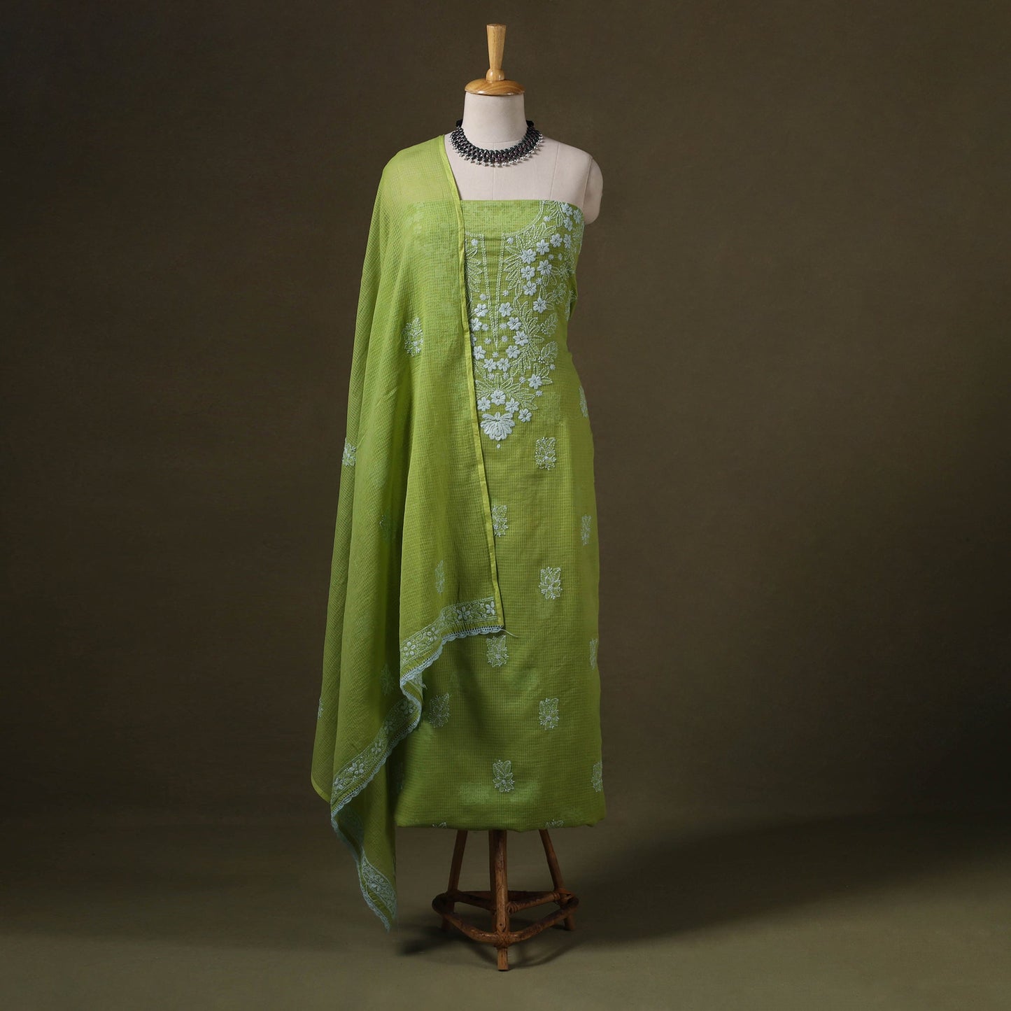Green 2pc Kota Doria Cotton Lucknow Chikankari Dress Material 