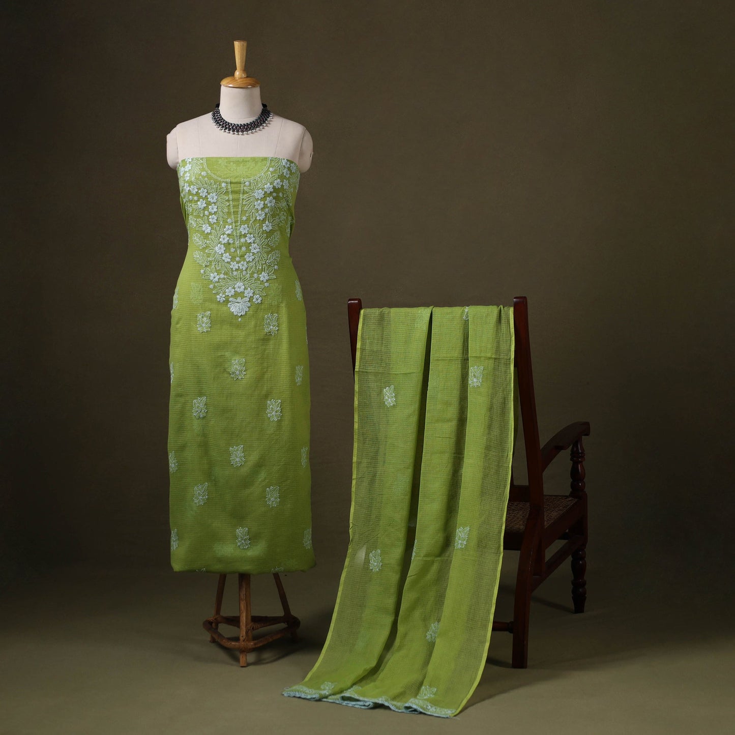 Green 2pc Kota Doria Cotton Lucknow Chikankari Dress Material 