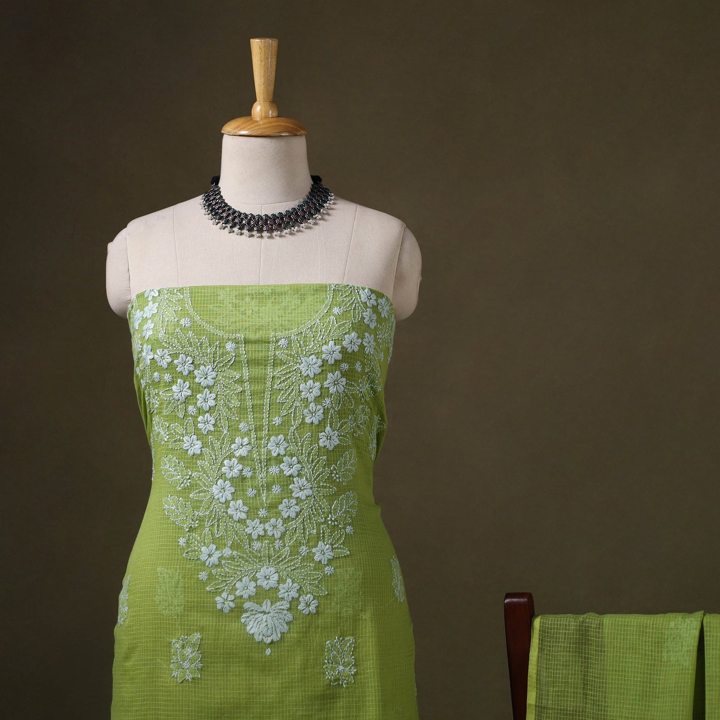 Green 2pc Kota Doria Cotton Lucknow Chikankari Dress Material 
