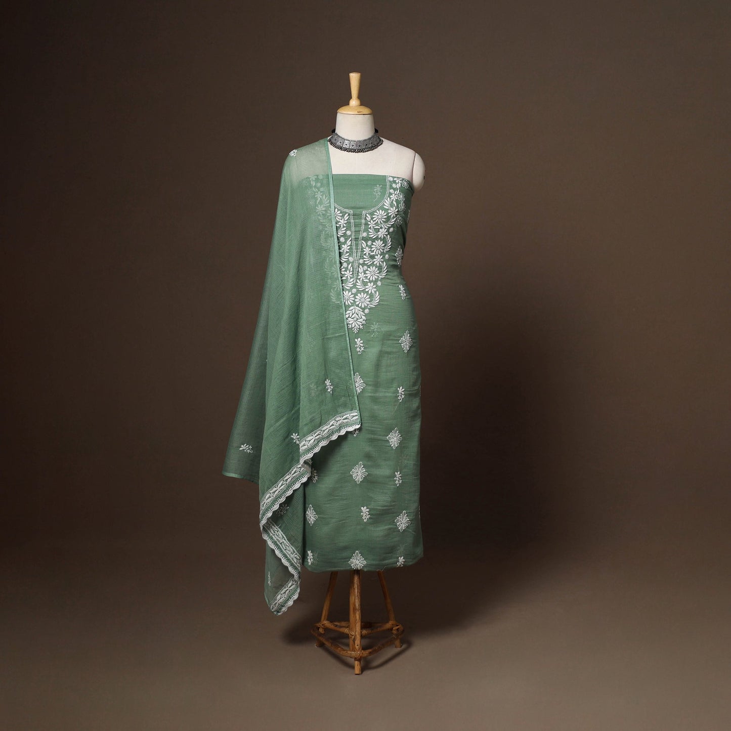 Green - 2pc kota doria cotton unstitched lucknow chikankari