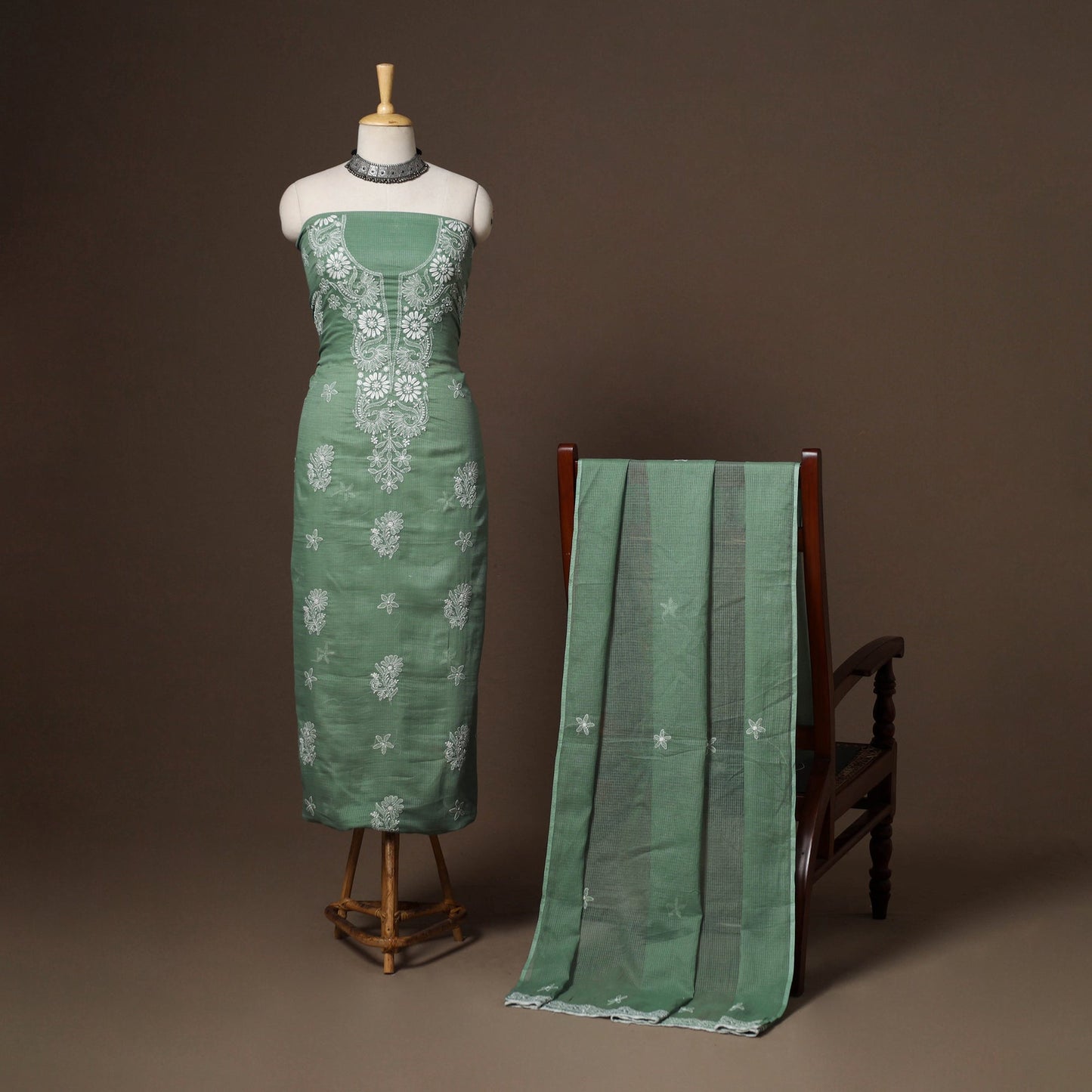 Green - 2pc kota doria cotton unstitched lucknow chikankari