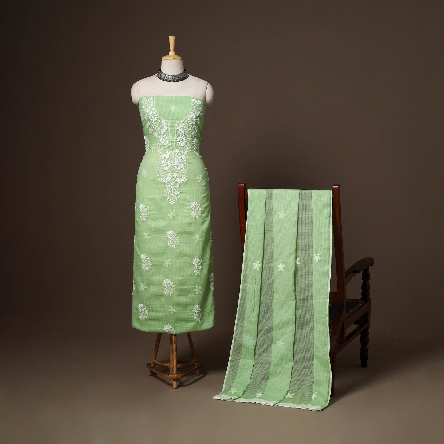 Green - 2pc kota doria cotton unstitched lucknow chikankari