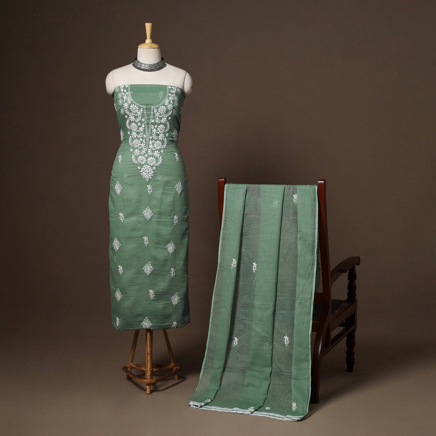 Green - 2pc kota doria cotton unstitched lucknow chikankari