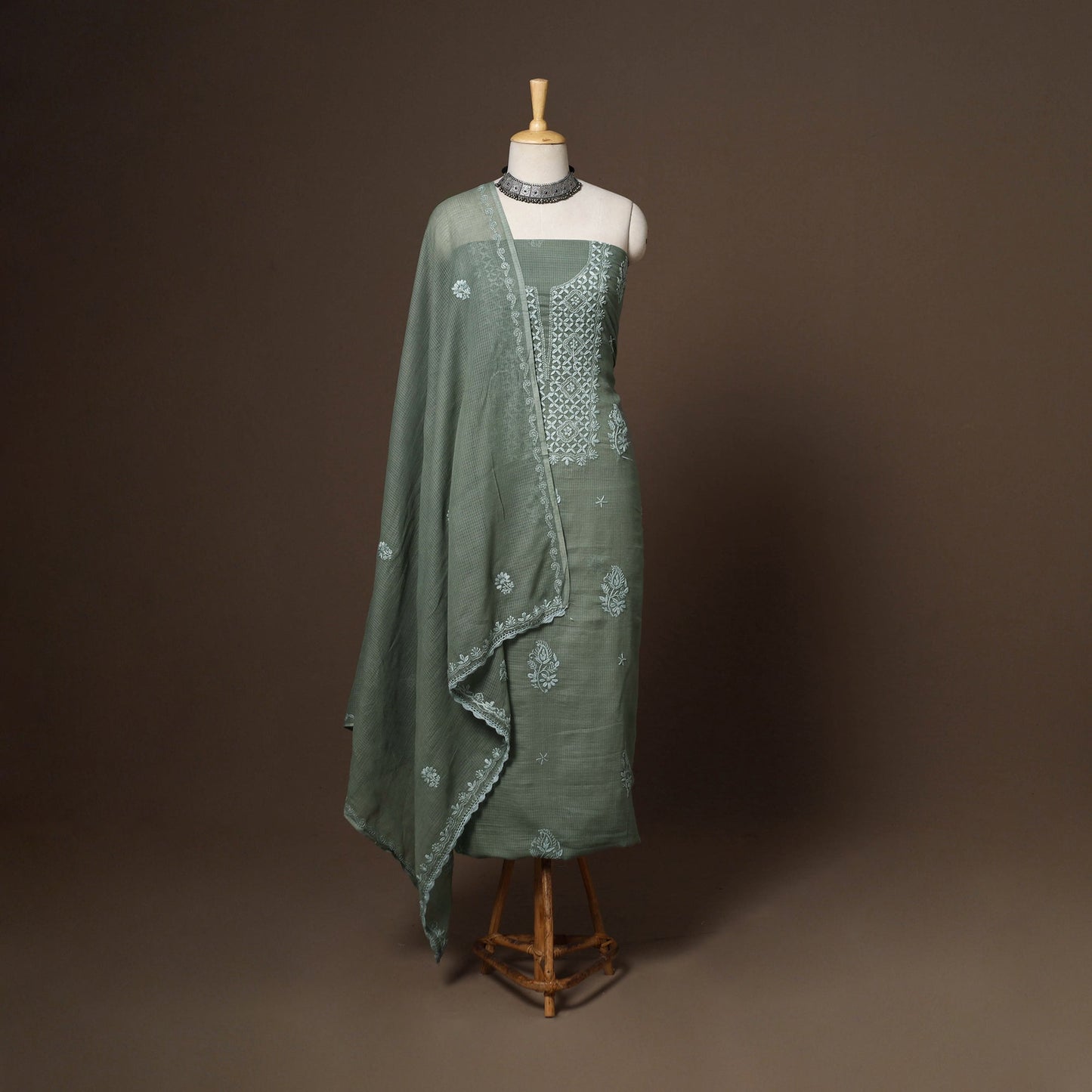 Green - 2pc kota doria cotton unstitched lucknow chikankari