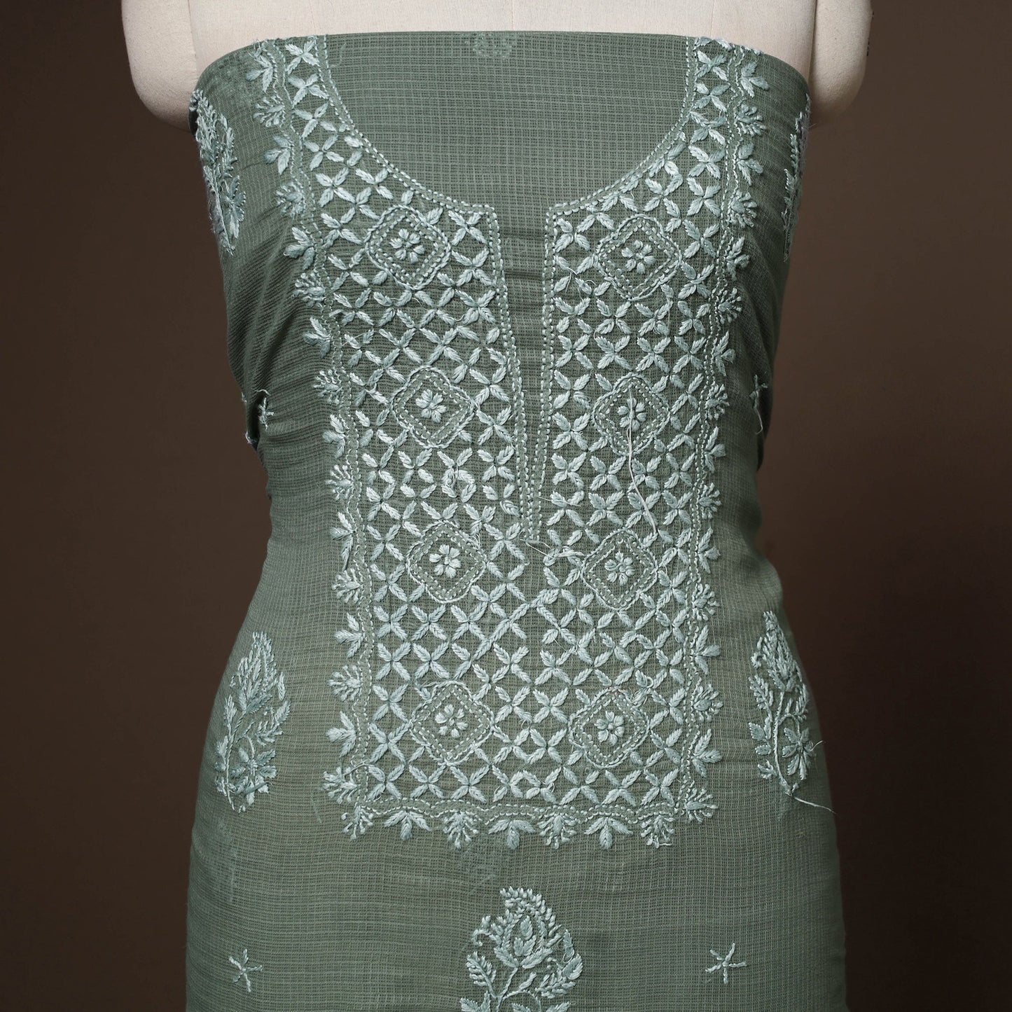 Green - 2pc kota doria cotton unstitched lucknow chikankari