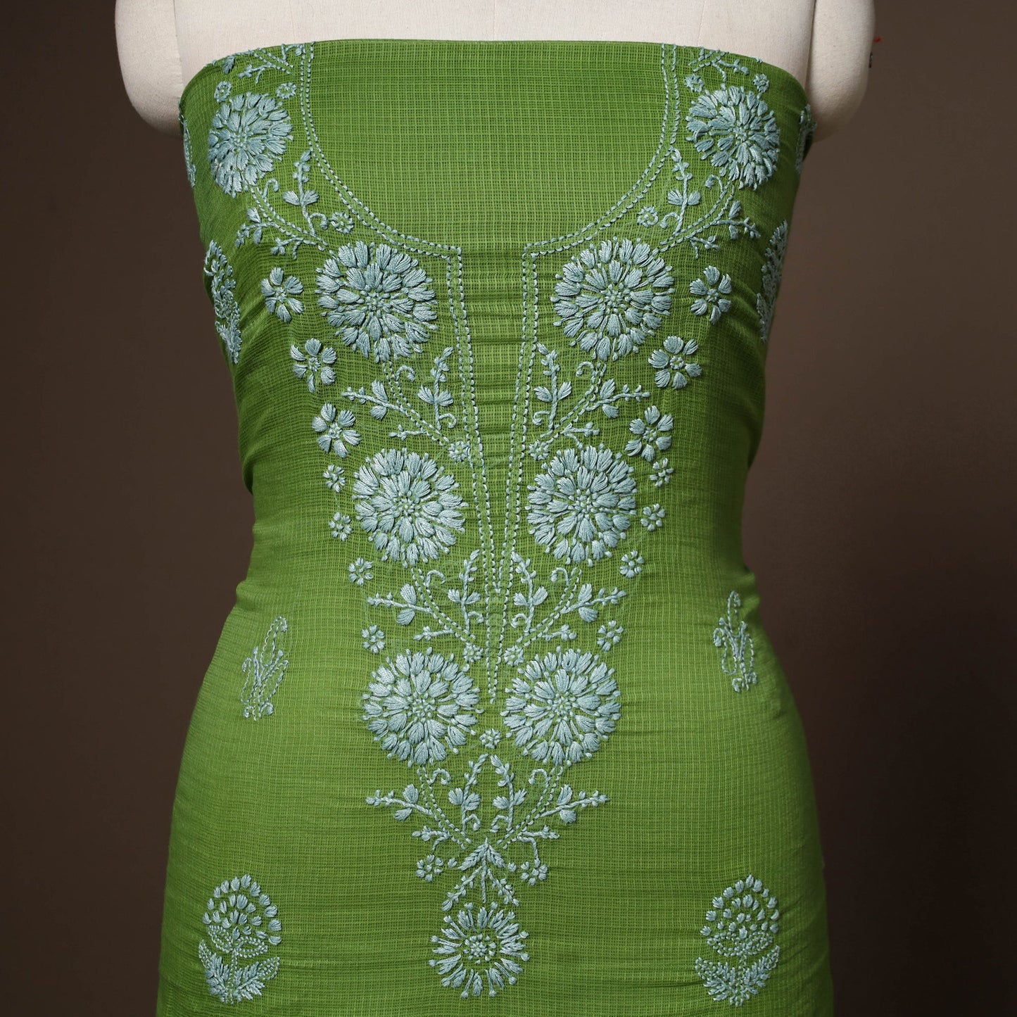 Green - 2pc kota doria cotton unstitched lucknow chikankari