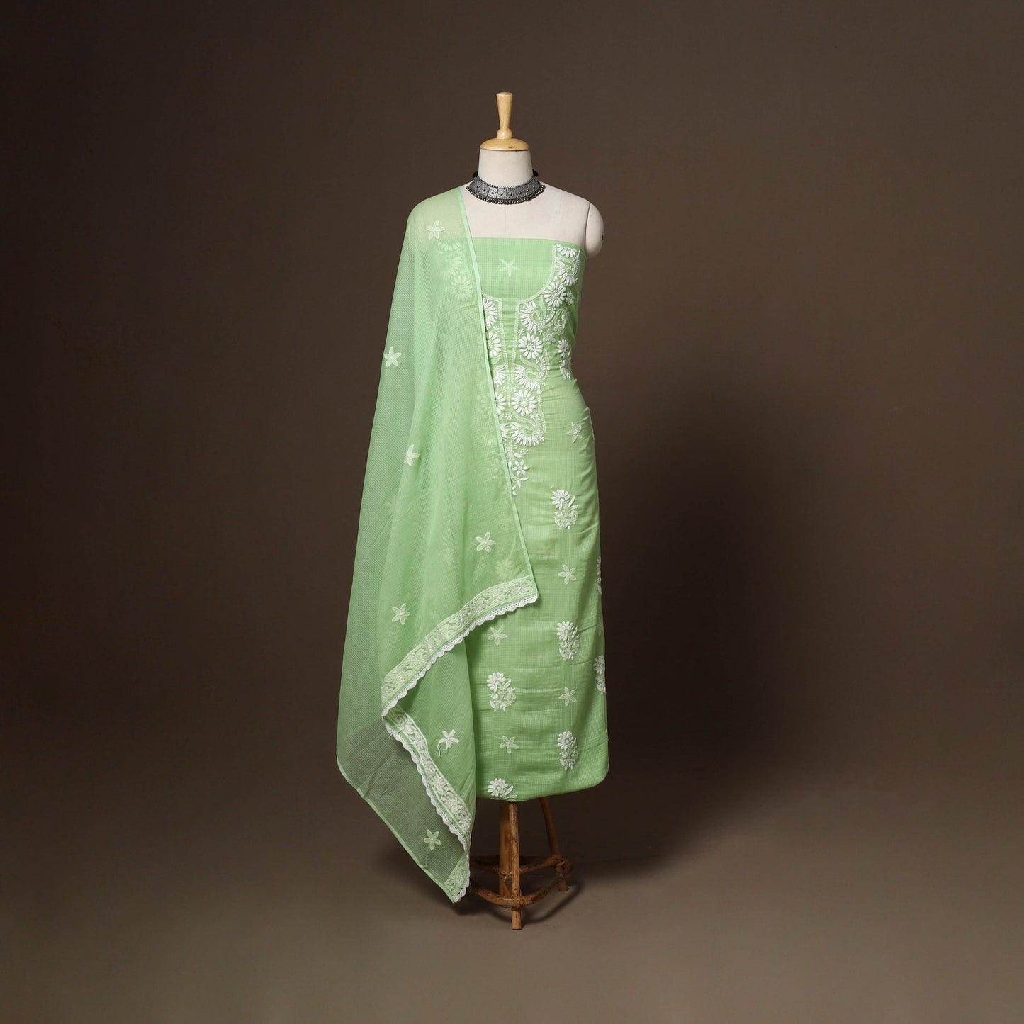 Green - 2pc kota doria cotton unstitched lucknow chikankari