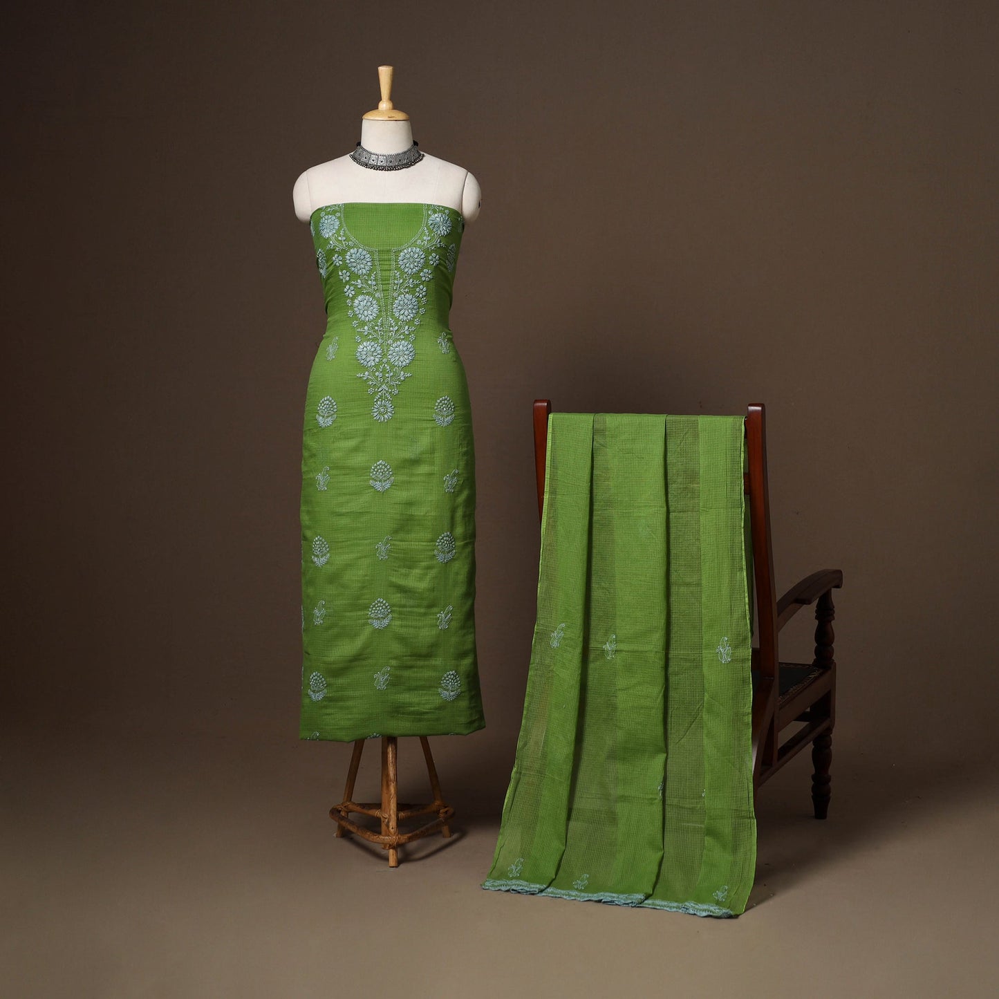 Green - 2pc kota doria cotton unstitched lucknow chikankari