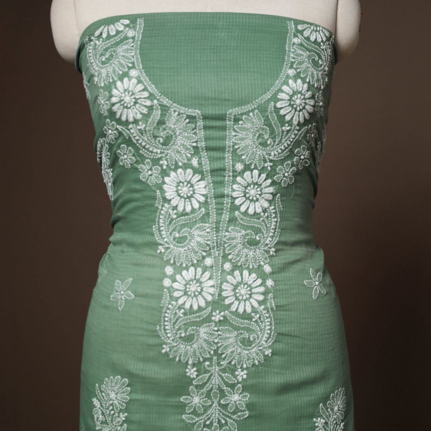 Green - 2pc kota doria cotton unstitched lucknow chikankari