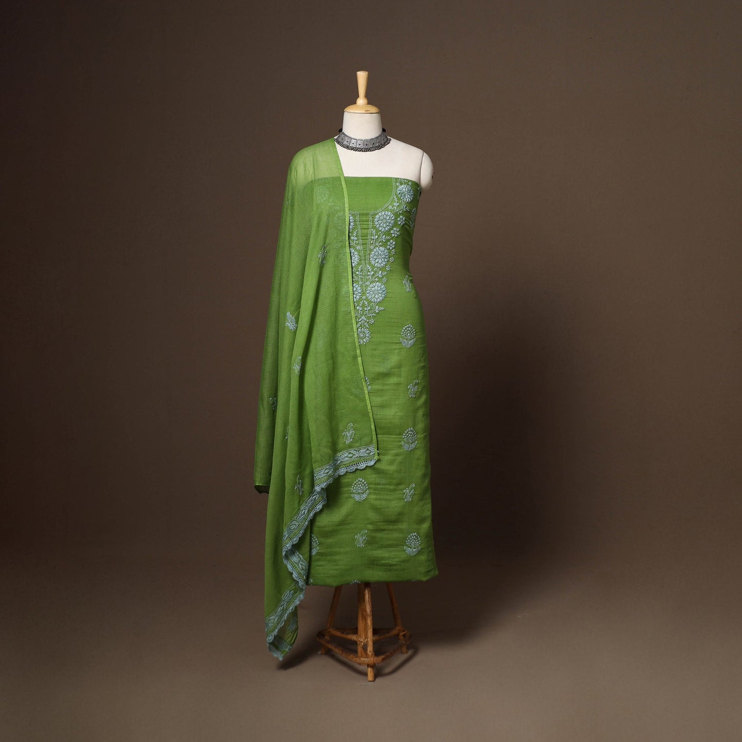 Green - 2pc kota doria cotton unstitched lucknow chikankari