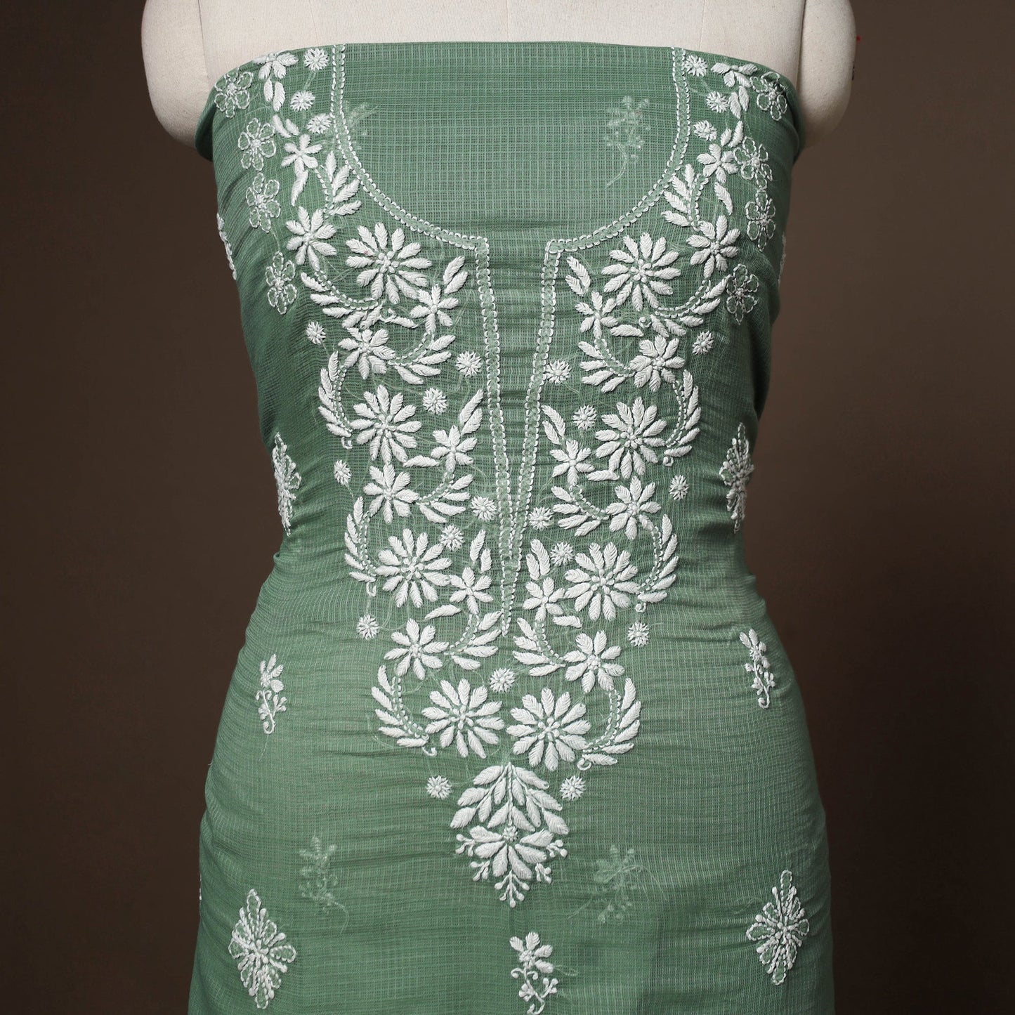 Green - 2pc kota doria cotton unstitched lucknow chikankari