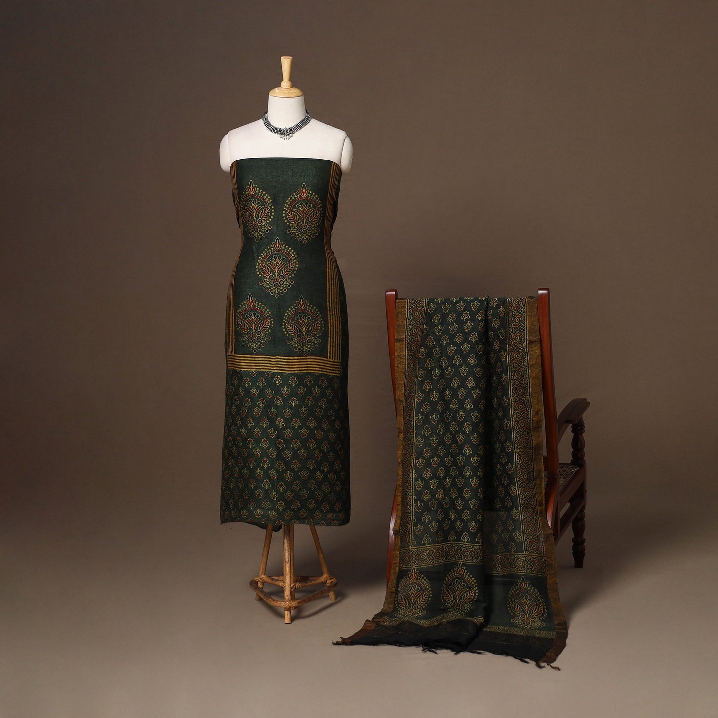 Green - 2pc linen silk unstitched dress material 01