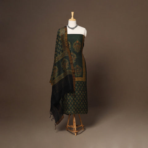 Green - 2pc linen silk unstitched dress material 01