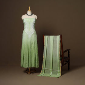 Green - 2pc mul chanderi semi stitched hand beads work