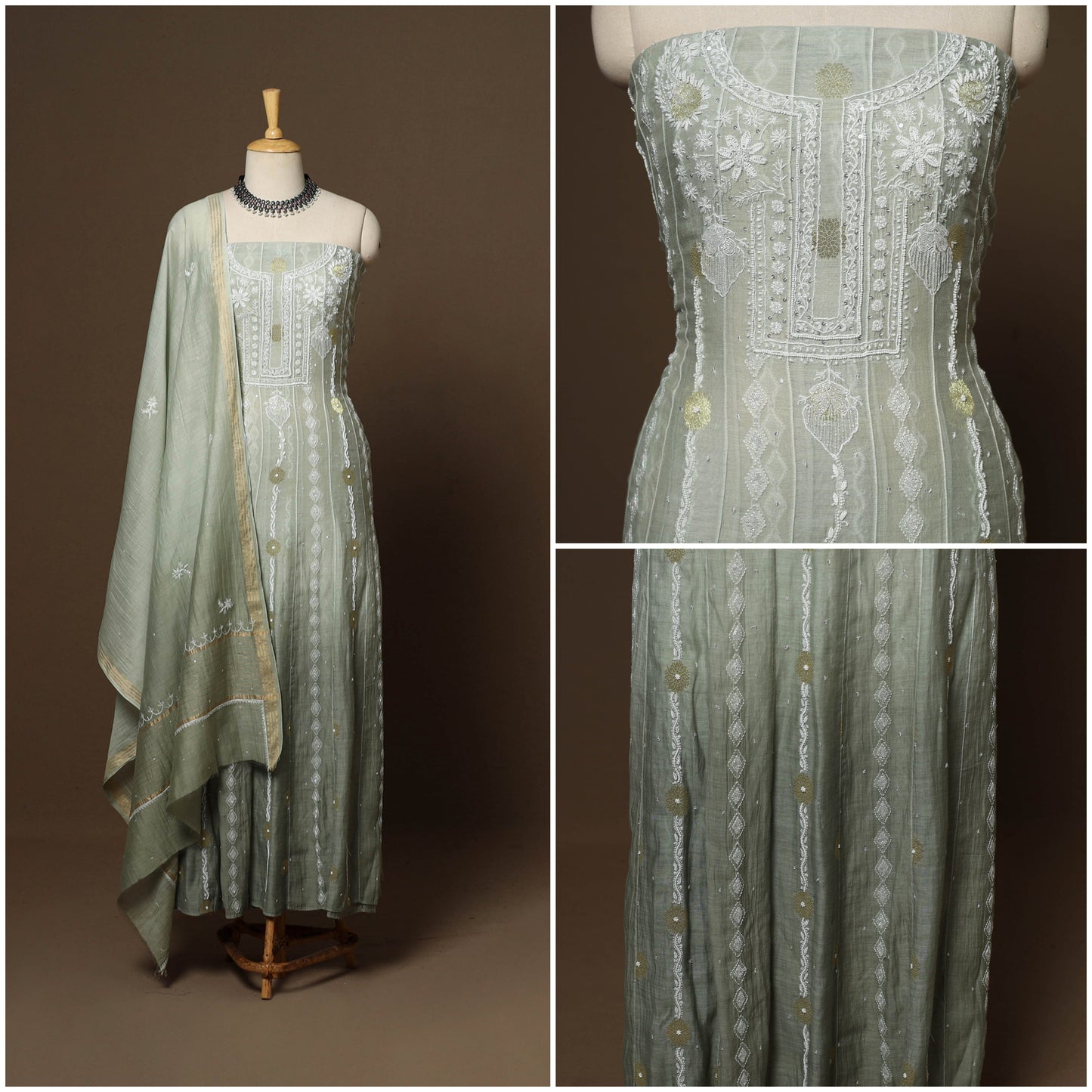 Green - 2pc mul chanderi semi stitched hand beads work