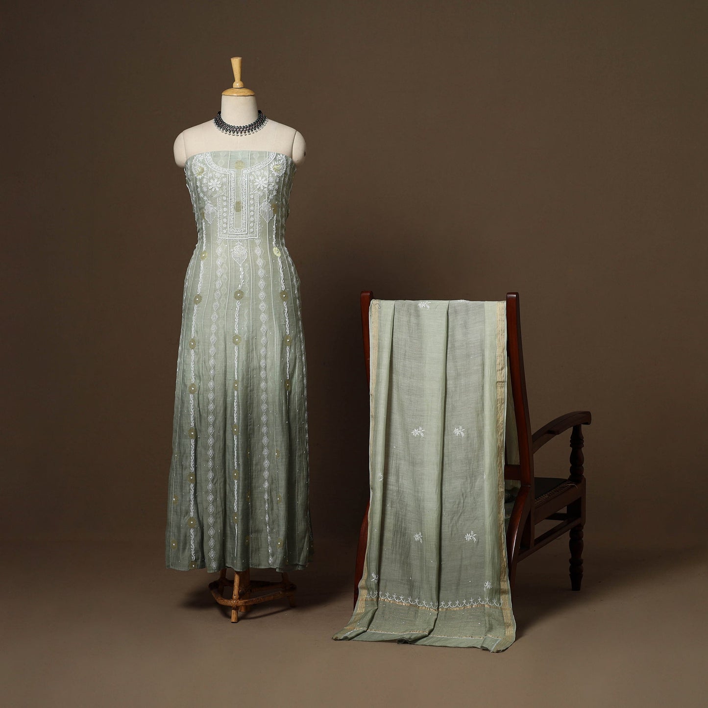 Green - 2pc mul chanderi semi stitched hand beads work