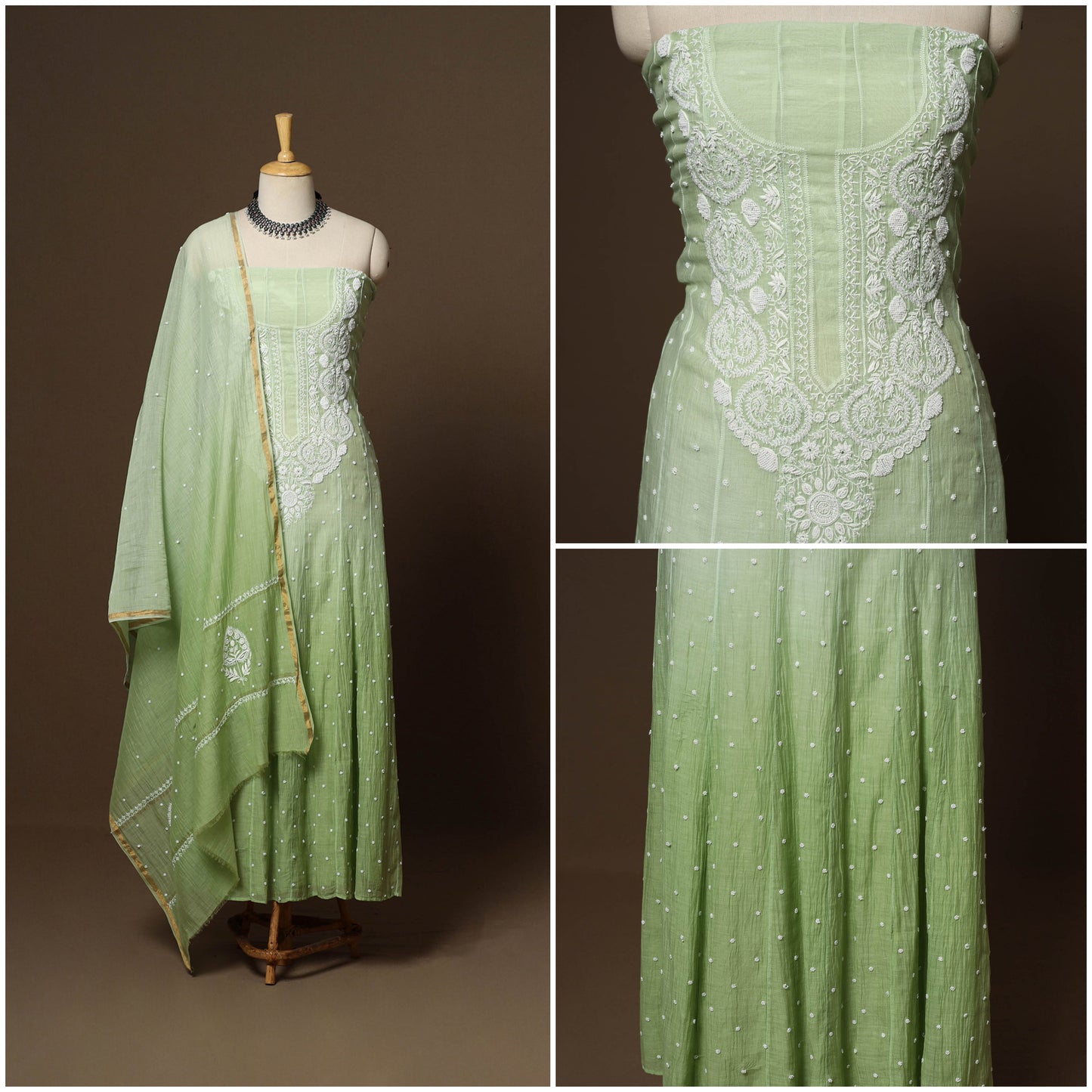 Green - 2pc mul chanderi semi stitched hand beads work