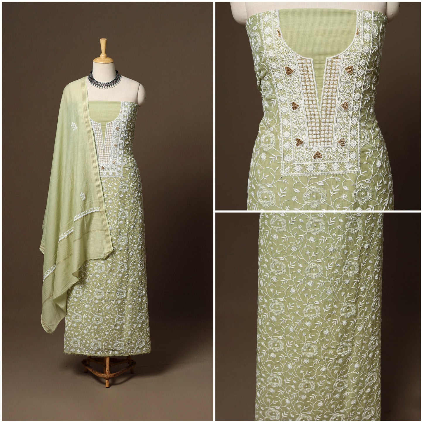 Green - 2pc mul chanderi unstitched hand beads work heavy