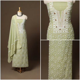 Green - 2pc mul chanderi unstitched hand beads work heavy