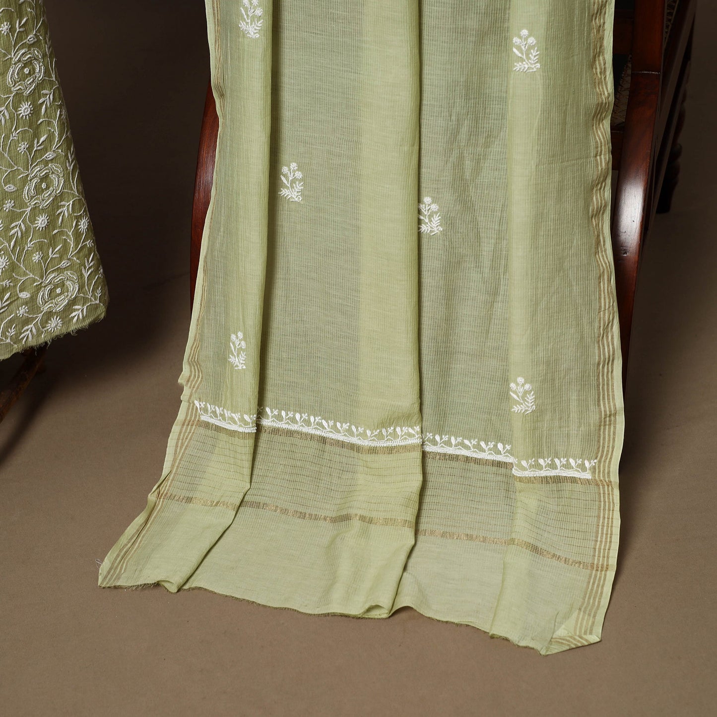 Green - 2pc mul chanderi unstitched hand beads work heavy