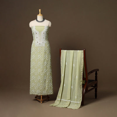 Green - 2pc mul chanderi unstitched hand beads work heavy