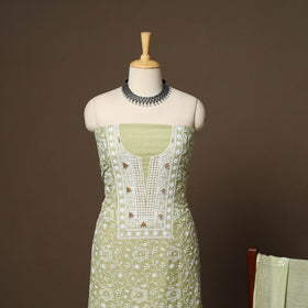 Green - 2pc mul chanderi unstitched hand beads work heavy